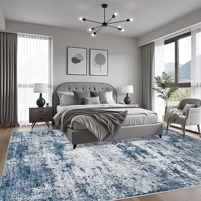 10x12 Area Rug Living Room Rug: Washable Modern Abstract Soft Thin Rug Indoor Floor No Slip Stain Resistant Carpet for Bedroom Dining Room Farmhouse Nursery Home Office - Blue