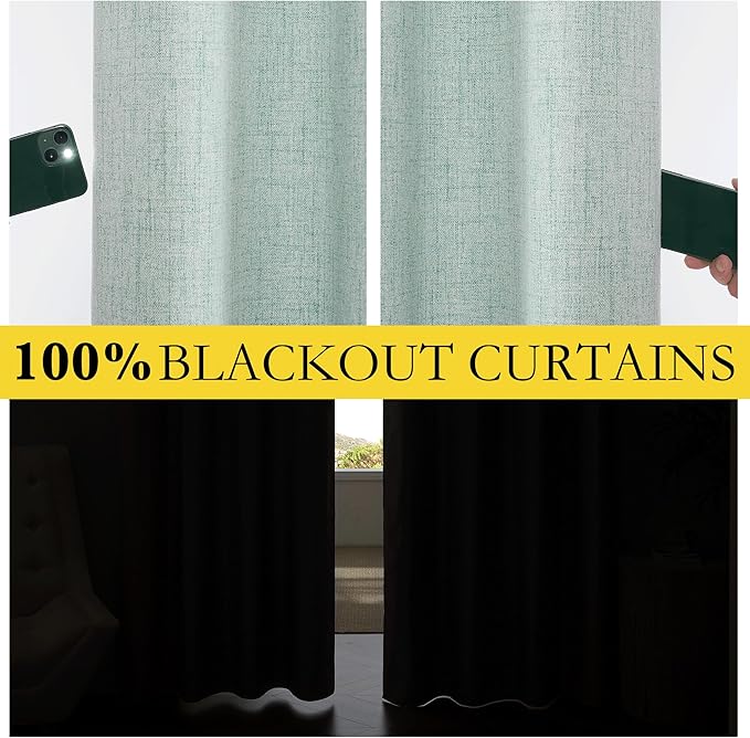 NICETOWN 100% Absolutely Blackout Linen Curtains with Thermal Insulated Liner, Seafoam Green, 52" Wide, 102" Length Energy Saving Curtains for Living Room 2 Panels Set, Vertical Blinds