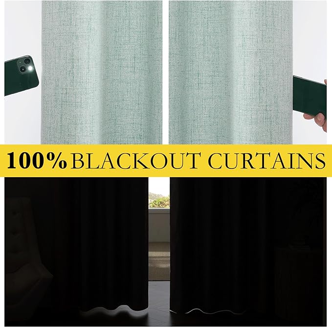 NICETOWN 100% Absolutely Blackout Linen Curtains with Thermal Insulated Liner, Seafoam Green, 62" Wide, 84" Length Energy Saving Curtains for Living Room 2 Panels Set, Vertical Blinds