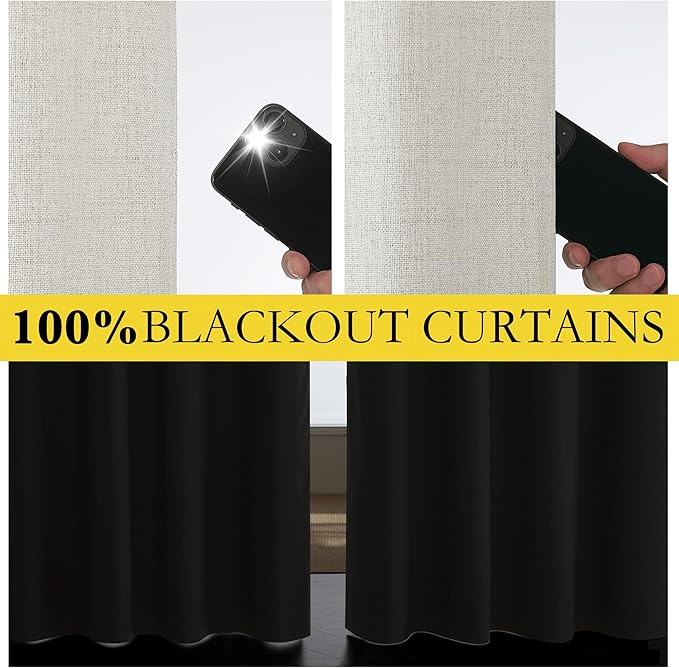 NICETOWN Snowbound Vintage Linen 100% Blackout Curtains for Living Room, Thermal Insulated Curtains 72" Long, Noise Reducing Window Treatment Drapes for Hall Room, 52" Wide Per Panel, Set of 2
