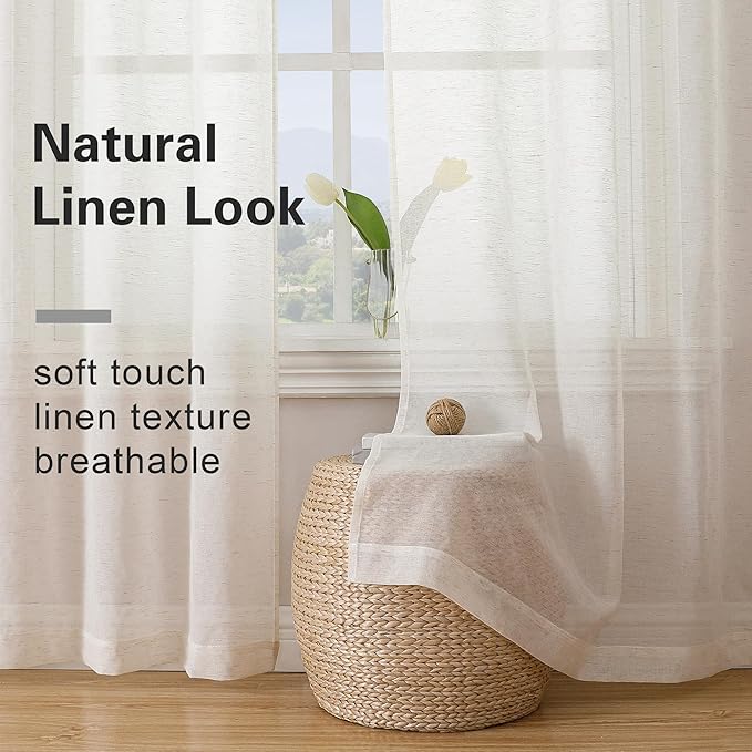 Simplebrand Natural Linen Textured Sheer Curtains 63 Inch Length 2 Panels, Rod Pocket Solid Color Window Sheer Curtain Panels, Elegant Curtains & Drapes for Living Room, Bedroom (40" W x 63" L)