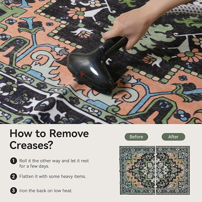 Lofus 6x9 Washable Area Rugs, Large Area Rug for Living Room, Bedroom, Office, Dining Room, Non-Slip Vintage Boho Rug, Low-Pile Soft Carpet, Traditional Oriental Style, Dark Green