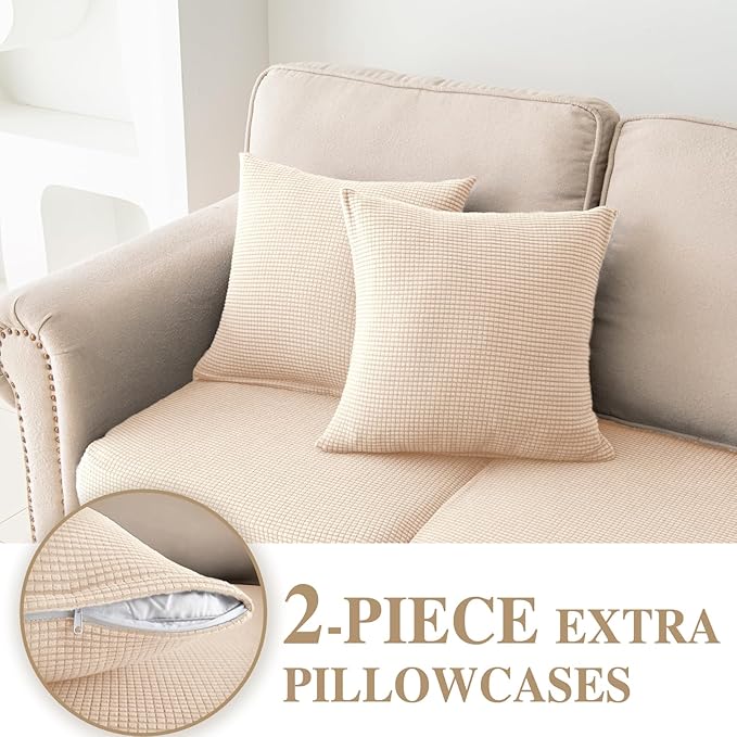 Couch Cushion Covers for Sectional Sofa L Shape Washable Separate Seat Chaise Couch Cover Stretch Sofa Slipcovers with 2 Pcs Pillowcases(2 Seater + 1 Chaise, Natural)