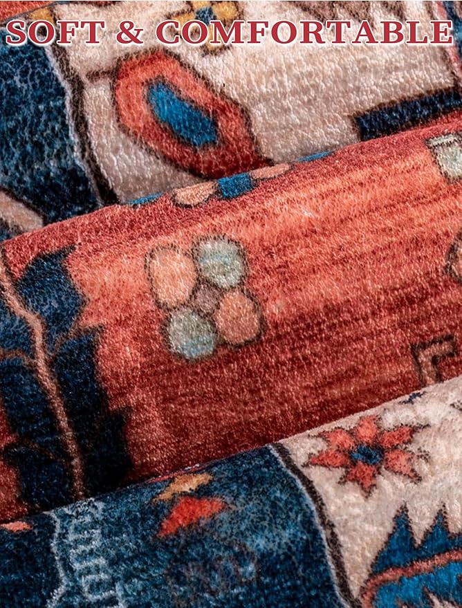SERISSA Runner Rug for Hallways, 3x8 Washable Non Slip Kitchen Runner Rug, Long Boho Rug Vintage Rust Hallway Stair Ultra Soft Print Floor Carpet for Bedroom Bathroom Laundry Room
