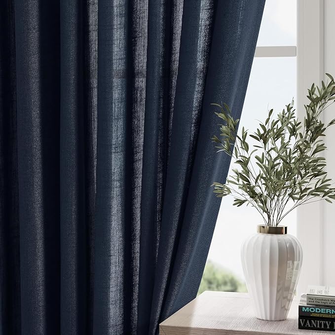 Nanspring Navy Blue Curtains 80 Inches Length for Living Room Back Tab Rod Pocket Semi Sheer Linen Drapes Muted Neutral Boho Indigo Blue Linen Textured Window Curtain for Dining Room 52X80 Inch