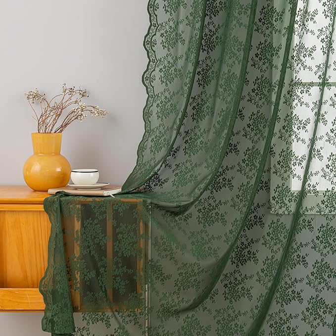 YJ YANJUN Vintage Lace Curtains 84 Inches Long- Country Olive Green Boho Sheer Curtains for Living Room Bedroom Scalloped Light Filtering Christmas Décor 2 Panels Set W52 X L84 Dark Forest