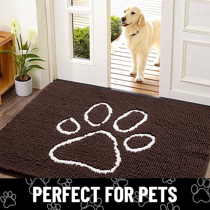 Smiry Dog Door Mat for Muddy Paws, Absorbent Dirt Trapper Non Slip Quick Dry Washable Chenille Mat for Mud Dogs, Entry Rug for Indoor and Outdoor (40x32 Inches, Brown and White)