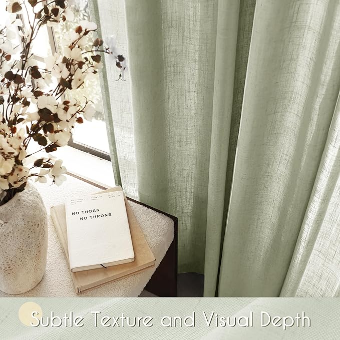 Linen Blend Sage Green Curtains 90 inch Length 2 Panels for Bedroom Back Tab Light Filtering Semi Sheer Drapes Linen Cotton Textured Light Green Airy Modern Farmhouse Living Room Sage Aesthetic Decor