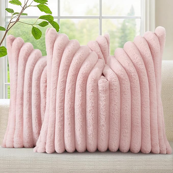 decorUhome Summer Cozy Faux Fur Throw Pillow Covers 18x18 Set of 2 Decorative Soft Plush Striped Modern Farmhouse Boho Couch Pillow Cases with Velvet Back for Sofa Bed Living Room, Pink