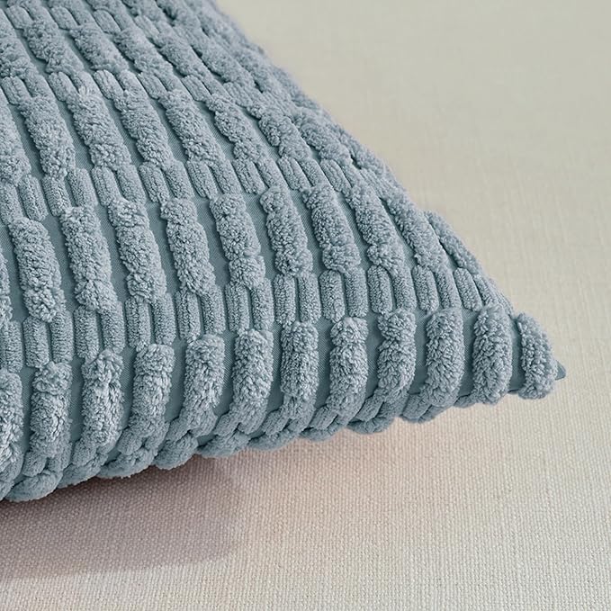 Fancy Homi 4 Packs Boho Light Blue Decorative Throw Pillow Covers 22x22 Inch for Couch Bed Sofa, Rustic Modern Farmhouse Home Decor, Soft Plush Corduroy Cute Square Cushion Case 55x55 cm