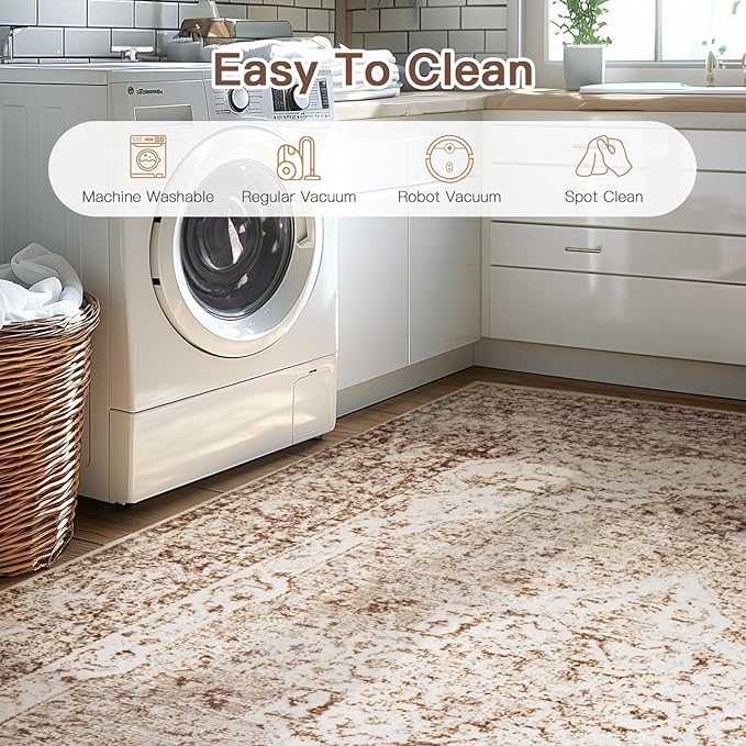 Lofus 8x10 Area Rugs for Living Room, Washable Area Rug, Rugs for Bedroom, Kitchen, Vintage Boho Carpet, Soft Non-Slip, Low Pile Large Area Rug for Office Dining Room, Vintage Beige Brown