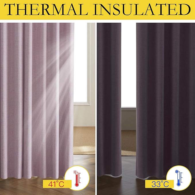 NICETOWN Pink Vintage Linen 100% Blackout Curtains for Living Room, Thermal Insulated Curtains 90" Long, Noise Reducing Window Treatment Drapes for Home Cinema, 52" Wide Per Panel, Set of 2