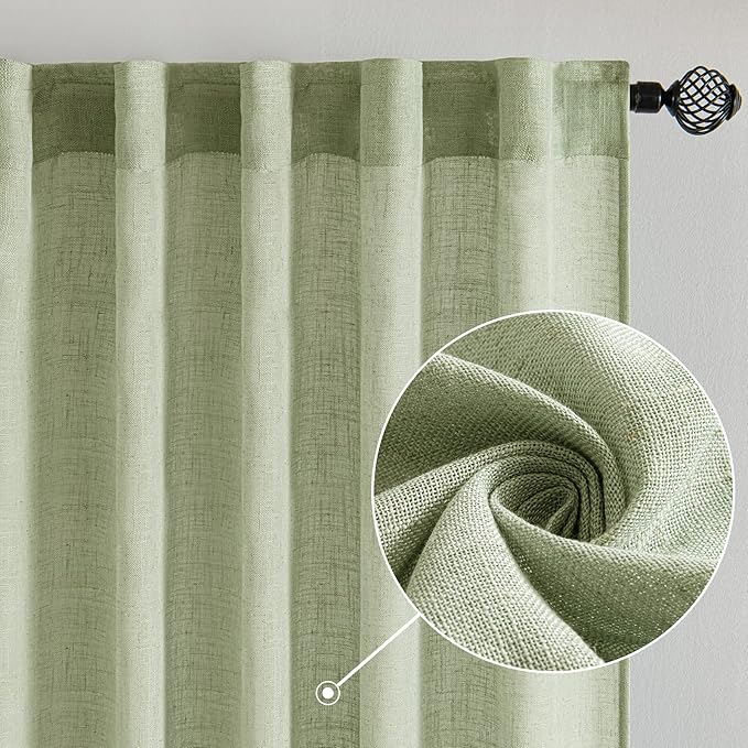 MIULEE Sage Green Linen Curtains 84 Inch Length for Bedroom Living Room, Soft Thick Linen Textured Window Drapes Semi Sheer Light Filtering Back Tab Rod Pocket Burlap Look, 2 Panels, 37x84 Inches