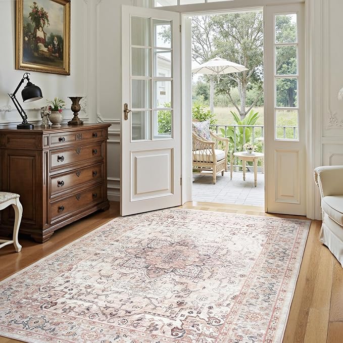 Lofus 8x10 Area Rugs for Living Room, Washable Area Rug, Rugs for Bedroom, Kitchen, Vintage Boho Carpet, Soft Non-Slip, Low Pile Large Area Rug for Office Dining Room, Pink