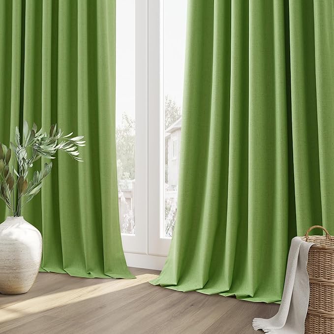 Guken Lime Green 100% Blackout Linen Curtains 108 Inch Length 2 Panels Set for Living Room Bedroom Back Tab/Rod Pocket Thermal Insulated Farmhouse Black Out Drapes Room Darkening,52x108