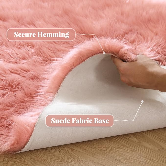 ORINOVA Pink Shag Faux Sheepskin Washable Fur Rug for Living Room Bedroom Furry Area Rug 4x6 Rectangle Rug Nursery Decor Girl