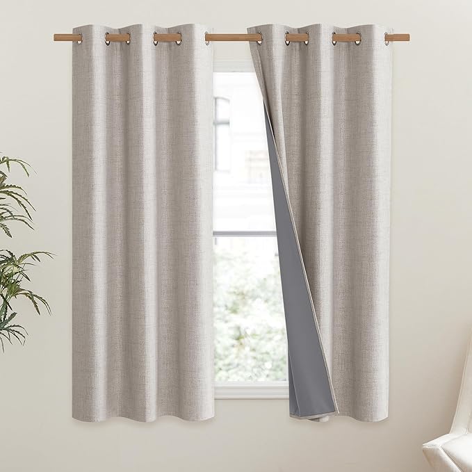NICETOWN Brich Vintage Open Linen Weave Flax Thermal Curtains, 100% Blackout Curtains 45" Long for Dining Room, Soundproof Window Treatment Drapes for Kitchen, 42" Wide Per Panel, Set of 2