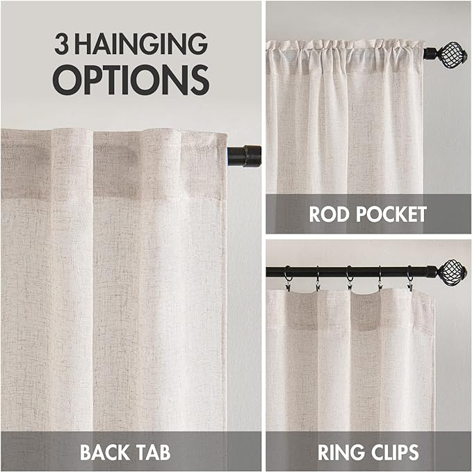 MIULEE White Linen Curtains 63 Inch Length 2 Panels for Bedroom Living Room, Soft Thick Linen Textured Natural Window Drapes Semi Sheer Light Filtering Back Tab Rod Pocket Burlap Look Decor