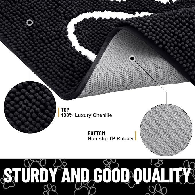 Smiry Dog Door Mat for Muddy Paws, Absorbent Dirt Trapper Non Slip Quick Dry Washable Chenille Mat for Mud Dogs, Entry Rug for Indoor and Outdoor (47x24 Inches, Black and White)