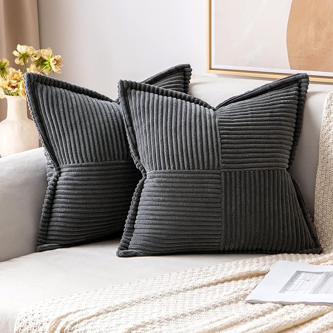 MIULEE Decorative Throw Pillow Covers for Couch Bed Livingroom 18x18 Inch Set of 2 Dark Grey Boho Accent Throw Pllows Broadside Striped Patchwork Soft Corduroy Pillowcases