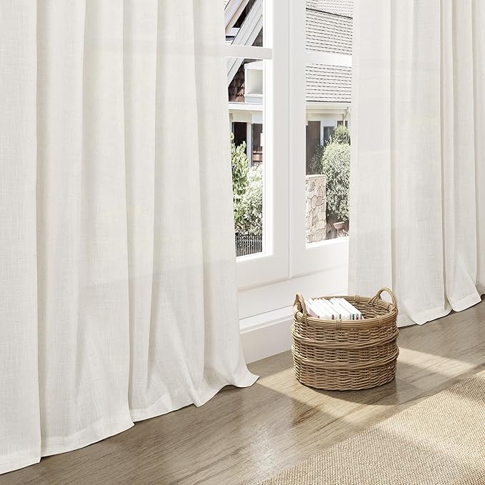 Nanspring Extra Long 112 Inch Long Beige White Linen Curtains Back Tab Neutral Farmhouse Light Filtering Semi Transparent Large Windows Ceiling to Floor for Living Room 2 Pack