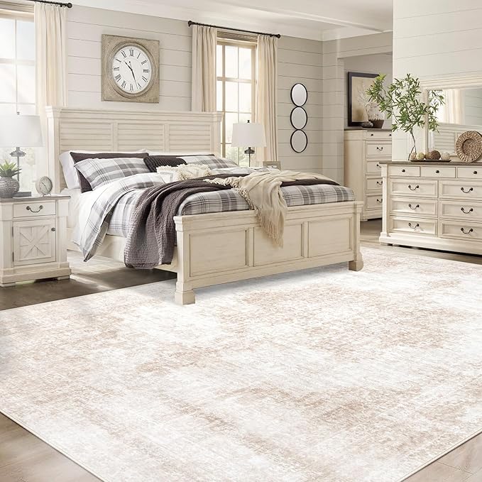 Area Rug 10x14 Vintage Rugs: Large Washable Living Room Rug Retro Medallion Distressed Soft Low Pile Non-Slip Rugs Indoor Floor Carpet for Bedroom Nursery Dining Table Office (Beige/Brown,10'x14')