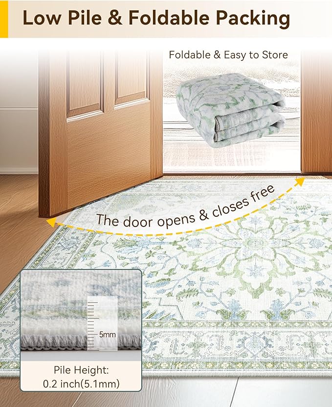 Area Rugs 4'x6' Washable Non-Slip, Floral Vintage Distress Print Pattern Medallion Carpet for Living Room Bedroom Dining Room, Green White Blue