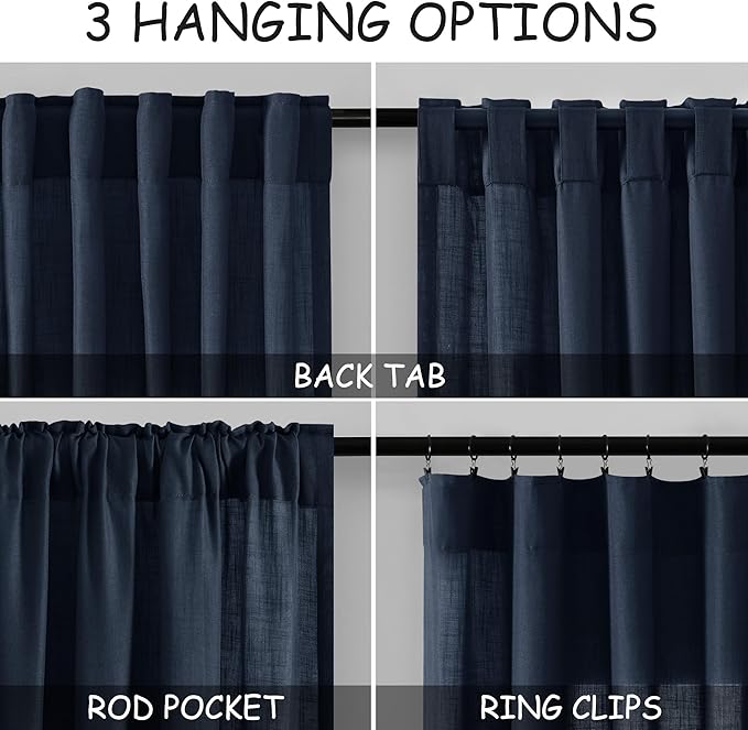 Nanspring Navy Blue Linen Curtains 63 Inches Length 2 Panels Set for Living Room Back Tab Pocket Light Filtering Semi Sheer Drapes Cotton Linen Textured Indigo Blue Window Curtain 52X63 Inches