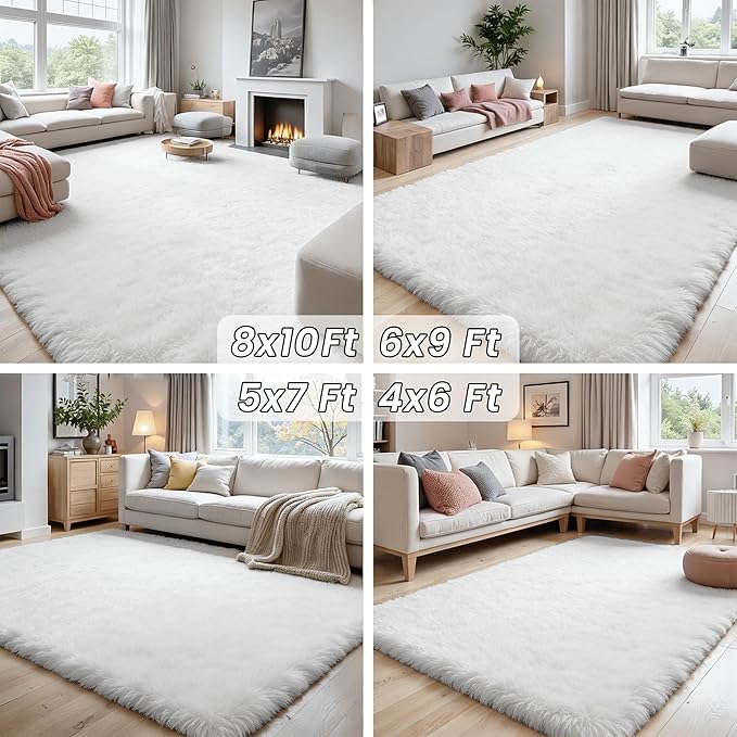 2x6 Bedside Area Rugs for Bedroom: Soft Fluffy Shag White Rug for Hallway, Non-Slip Fuzzy Plush Living Room Rug Indoor Floor Carpet for Kids Rooms, Dorm, Nursery, Modern Home Aesthetic Decor