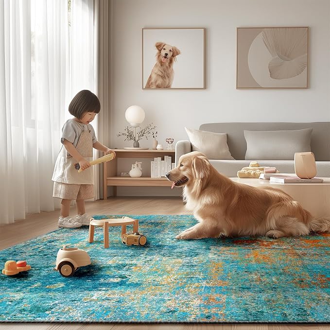 Washable Area Rugs 9'x12' Non-Slip Modern Abstract Soft for Living Room Entryway Bedroom Nursery, Print Pattern, Teal Blue Green Orange Rust Red Coloreful