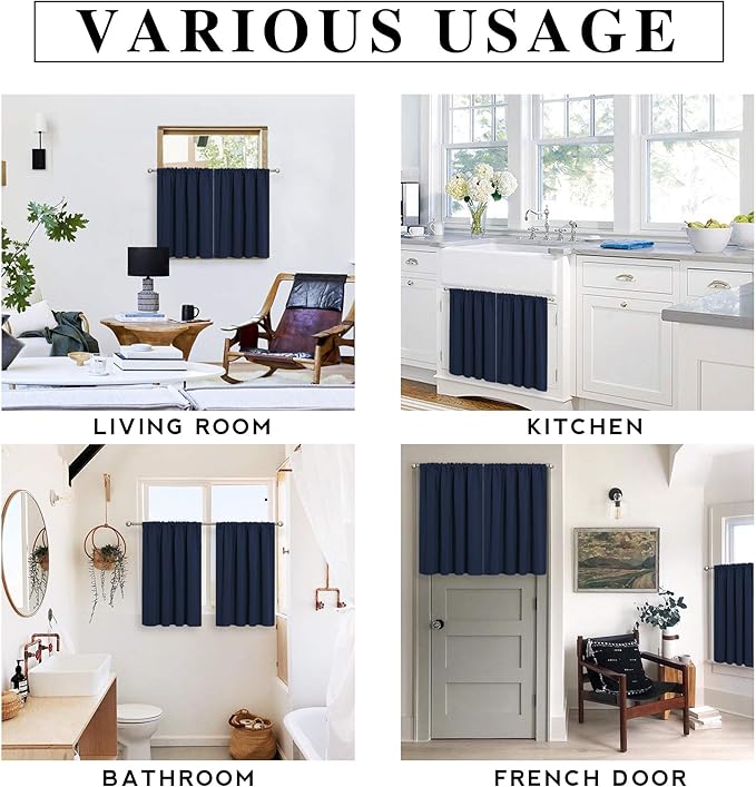 RYB HOME Half Curtain Tiers 36 inch Length, Rod Pocket Summer Heat Blocking Thermal Insulated Short Blackout Curtains for Small Window, Width 34 by Length 36, Navy Blue, 2 Panels