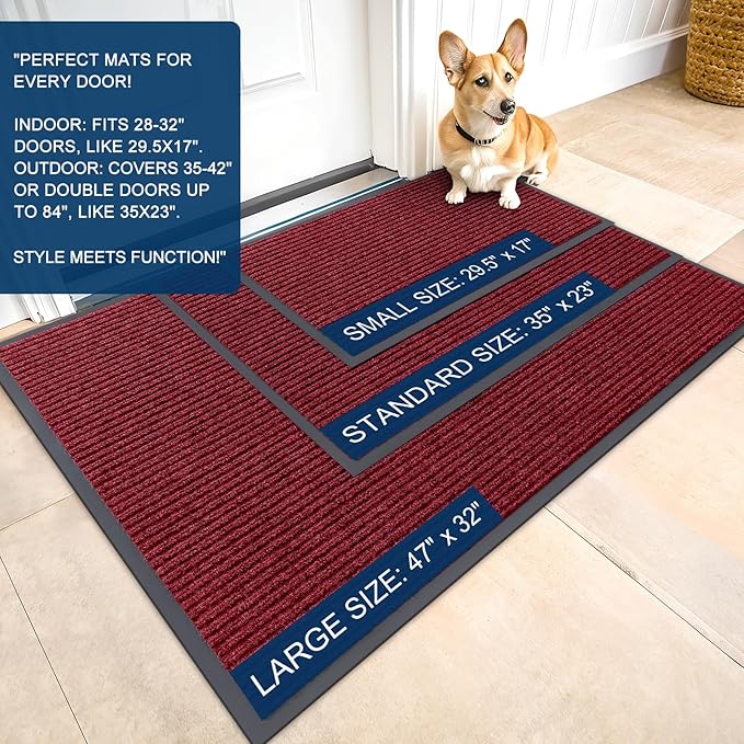 OLANLY Front Door Mat Indoor Outdoor Entrance, 2-Pack 59 x 34 Inch, Waterproof Heavy Duty Doormat, Fade Resistant, Low Profile, Easy Clean Patio Porch Welcome Floor Mats for Entry, Wine Red