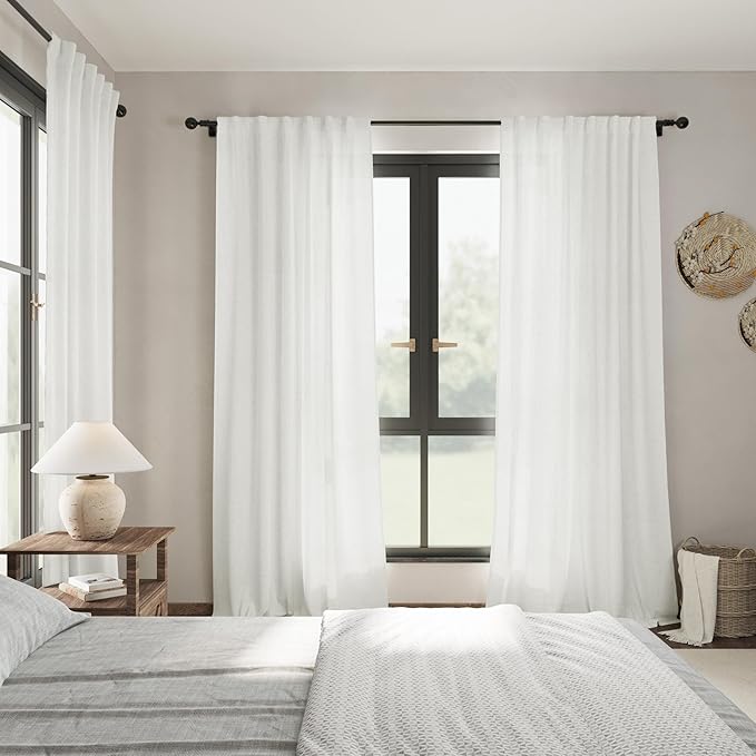 Ivory Linen Curtains 108 Inches Long 2 Panels Set Back Tab Rod Pocket Semi Sheer Cotton Textured Light Filtering Extra Long Curtain Farmhouse High Ceiling Curtains for Living Room 9Ft 40x108