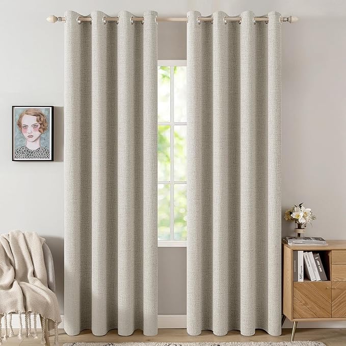 MIULEE 100% Blackout Linen Curtains for Bedroom Thermal Insulated Cobblestone Grommet Room Darkening Curtains & Drapes for Living Room Nursery 52 x 108 Inch (2 Panels)