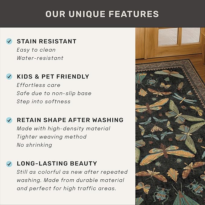 Hazo Haus Living Room Rug Black Boho 6x9 - Dining Room Rugs for Under Table, Bedroom, Insect Bug Eclectic Home Décor, Washable Non Slip Foldable