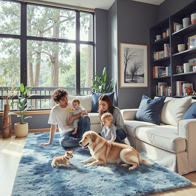 Rugs for Living Room 5x8, Alfombras para Salas Shag Large Plush Soft Area Rug, Shaggy Carpets for Bedroom, Kids Boys Girls Home Decor Aesthetic(Dark Blue Tie-Dyed, 5 x 8 Feet)