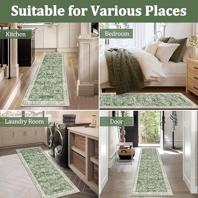 Yamaziot Washable Runner Rug 2x6 – Non Slip Boho Floral Hallway Runner Rug with Rubber Backing, Low Pile Faux Wool Distressed Carpet for Kitchen, Laundry, Bedroom, Entrance, Mottled Green