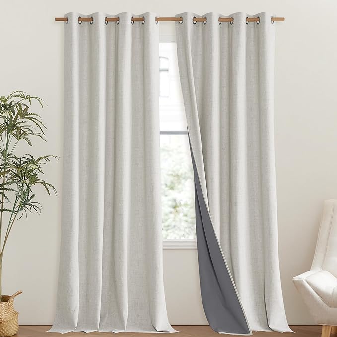 NICETOWN Snowbound Vintage Linen 100% Blackout Curtains for Living Room, Thermal Insulated Curtains 95" Long, Noise Reducing Window Treatment Drapes for Bedroom, 52" Wide Per Panel, Set of 2