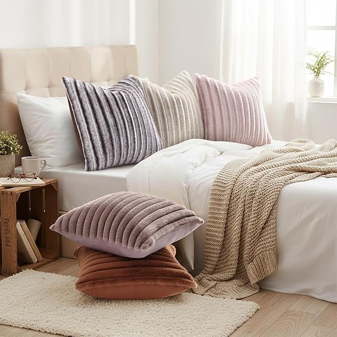 decorUhome Summer Cozy Faux Fur Throw Pillow Covers 24x24 Set of 2 Decorative Plush Striped Modern Farmhouse Boho Couch Euro Sham Pillow Cases with Velvet Back for Sofa Bed Living Room, Beige White