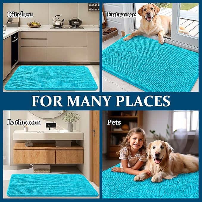 OLANLY Dog Door Mat for Muddy Paws 50x30, Absorbs Moisture and Dirt, Absorbent Non-Slip Washable Doormat, Quick Dry Chenille Mud Mat for Dogs, Entry Indoor Entryway Carpet for Inside Floor, Aqua Blue