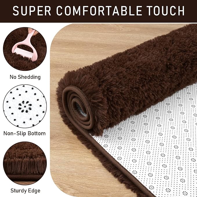 LOCHAS Ultra Soft Indoor Modern Area Rugs 2x6, Fluffy Living Room Carpets for Children Bedroom Home Decor Nursery Rug, Brown