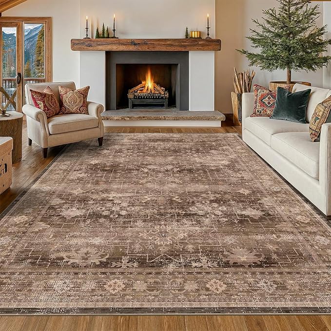 Hazo Haus Brown Rug for Living Room 10x12 - Large Vintage Western Eclectic Unique Neutral Taupe, Washable Low Pile Non-Slip Area Rug for Dining Under Table, Bedroom Under Bed, Home Office