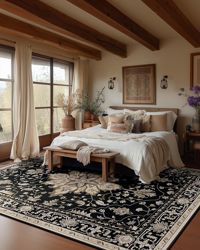 Area Rugs 6'x9' Washable Non-Slip, Floral Vintage Distress Print Pattern Medallion Carpet for Living Room Bedroom Dining Room, Black Brown Neutral Dark Tan