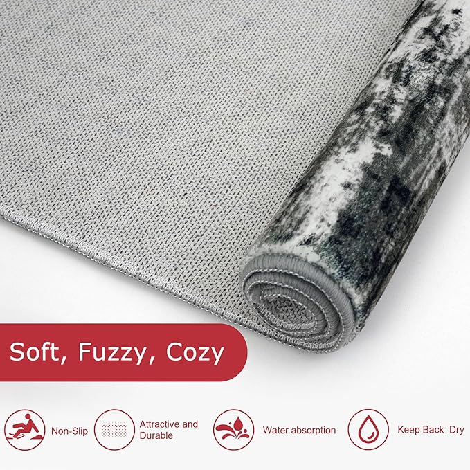 KOZYFLY Modern Abstract Washable Rug Runner 2.6x12 Hallway Rug Runner Non-Slip Soft Kitchen Runner Rugs, Black Grey Striped Carpet for Entryway Bathroom Laundry Room Foyer