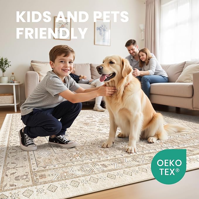 zesthome 4x6 Rug - Stain Resistant Washable Rug, Anti Slip Backing Rugs for Living Room, Foldable Vintage Small Area Rugs (Cream/Beige,4'x6')