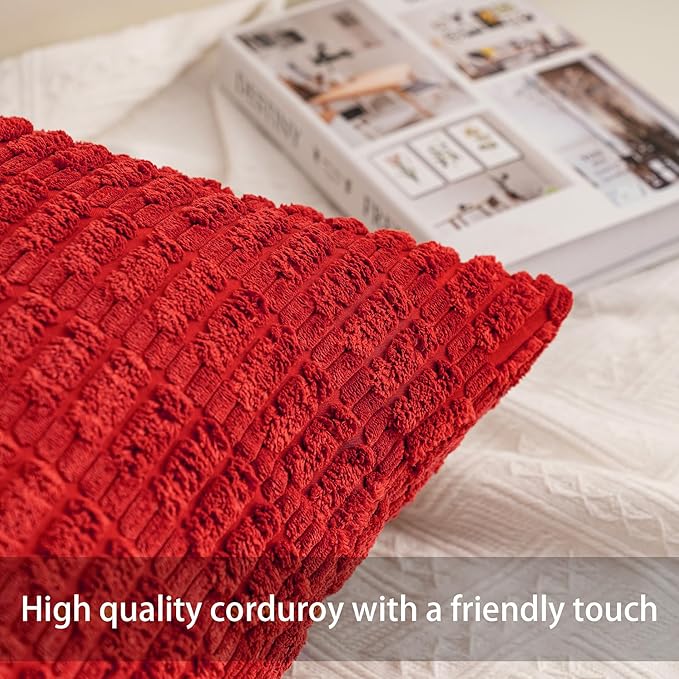 Pack of 2 Christmas Red Corduroy Decorative Throw Pillow Covers 12x24 Inch Soft Striped Pillow Covers Modern Farmhouse Home Decor for Sofa Living Room Couch Bed（Red）