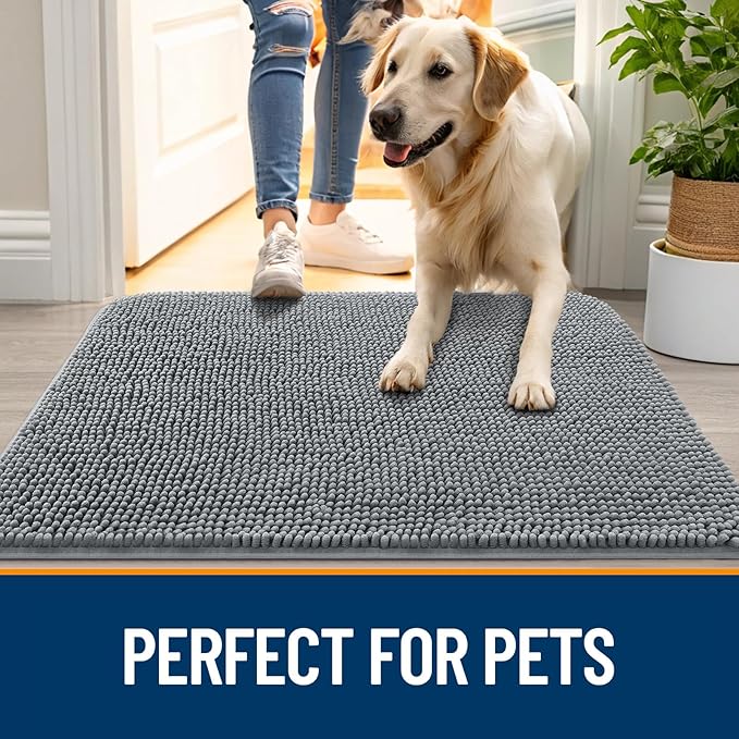 OLANLY Dog Door Mat for Muddy Paws 59x35, Absorbs Moisture and Dirt, Absorbent Non-Slip Washable Doormat, Quick Dry Chenille Mud Mat for Dogs, Entry Indoor Entryway Carpet for Inside Floor, Grey