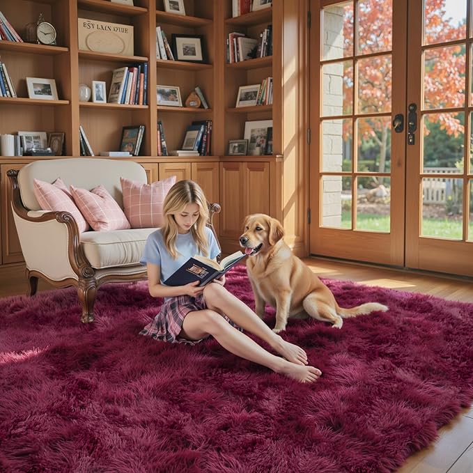 8x10 Area Rugs for Living Room Bedroom, Large Area Rug Shaggy Carpet Soft Plush Furry Bedside Rug, Rugs for Home Decor (Burgundy, 8 x 10)