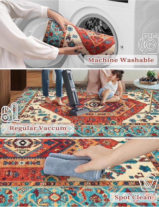 SERISSA Boho Washable Runner Rug, 2'6"x10' Rug Runner Non-Slip Vintage Orange Hallway Kitchen Runner Rug Ultra Soft Print Distressed Tribal Floor Carpet Runner for Bedroom Bathroom Laundry Room
