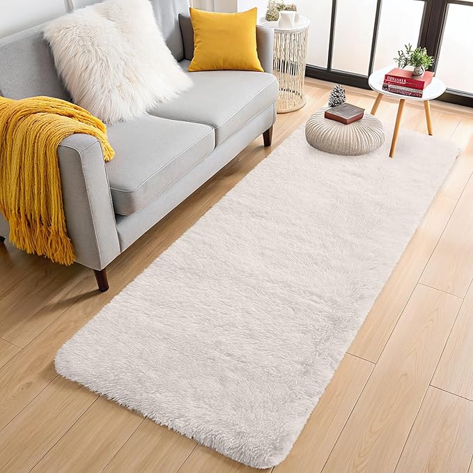 OLANLY 2x9 Machine Washable Runner Rugs for Hallway, Soft Fluffy Shaggy Bedside Rugs for Bedroom, Living Room, Indoor Floor Carpet for Kids Girls and Boys, Nursery Rooms, Home Decor Aesthetic, Ivory